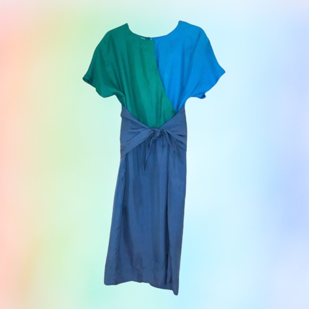 Vintage 1990s Diane Gilman blue and green 100% silk wrap belted midi dress 6 VTG